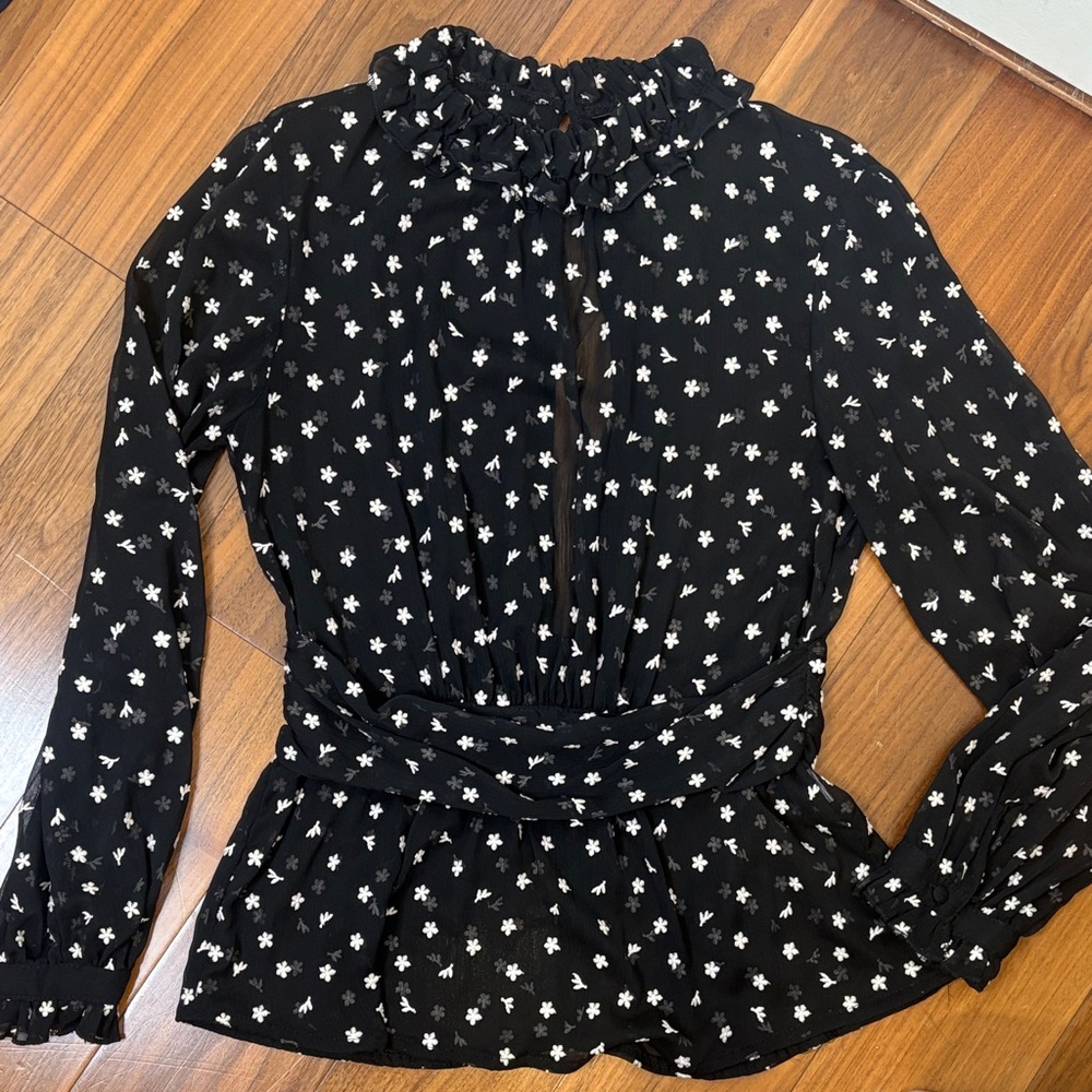 Zara Black and White Embroidered Floral Long Sleeve High Neck Ruffle Blouse